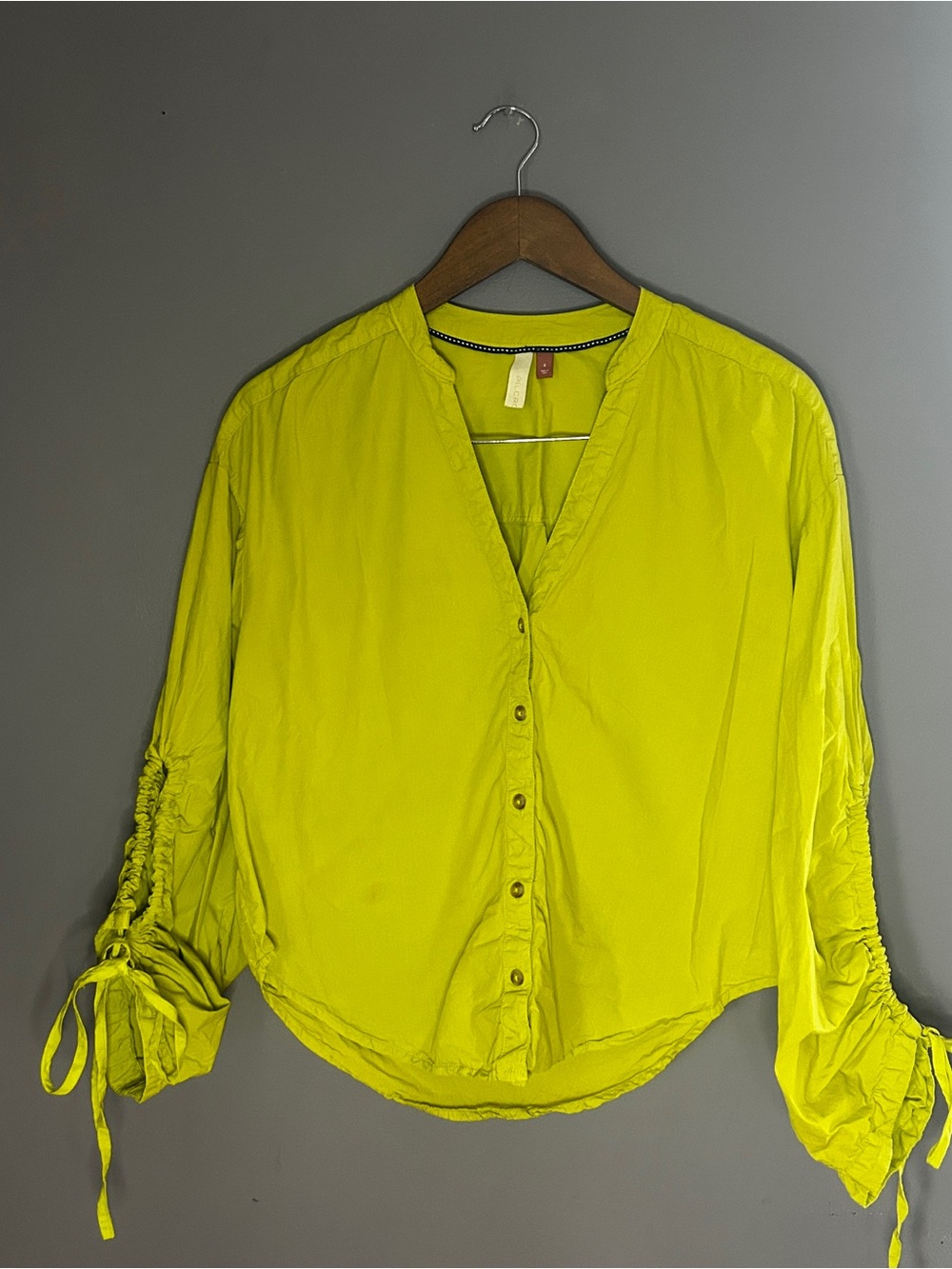 Pilcro by Anthropologie Neon Yellow Ruched Sleeve Blouse Size Small
